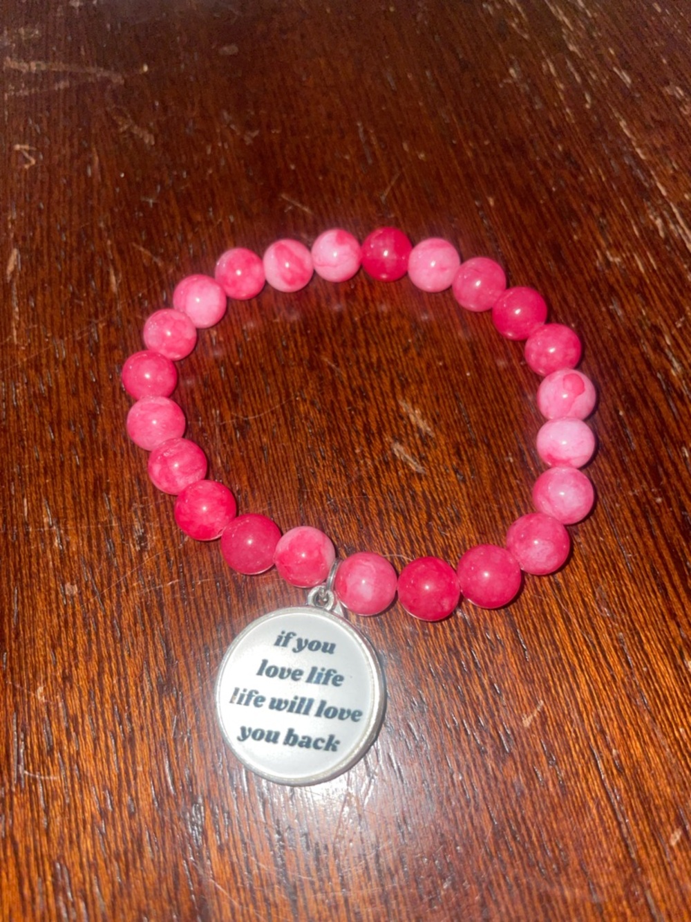 Plunder Pink Marbled Beaded Bracelet. Inspirational white charm. New in gift bag